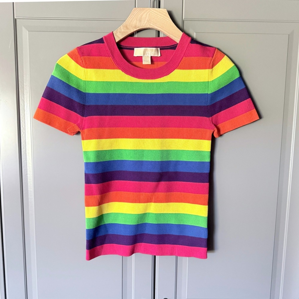 MICHAEL Michael Kors Rainbow Stretch-Viscose Short-Sleeve Sweater, Multi,XS